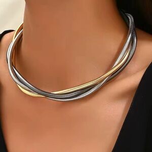 Snake Chain Collar Necklace Stacking Mixed Metals Two-Tone Gold Silver F02